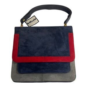 Nautical Palizzio Navy Blue, Red, & Gray Suede Leather Handle Handbag NWT 10x9